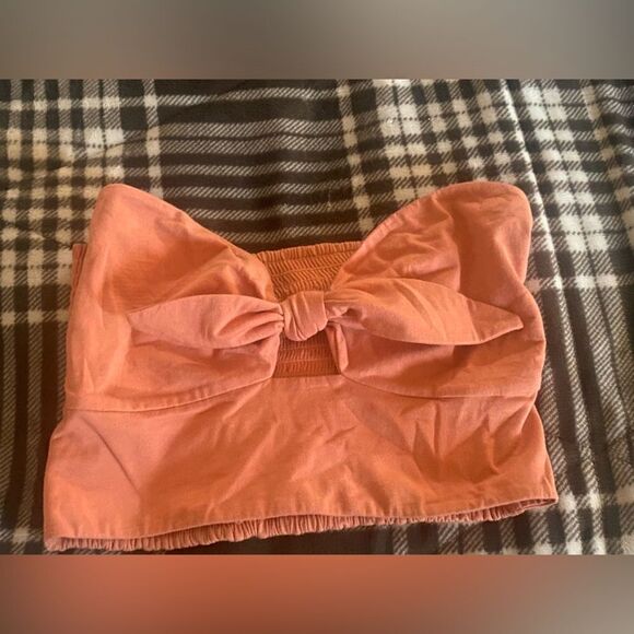 Aritzia Wilfred Women’s Medium Tube Top Peach Strapless Crop Ruched Tie Front - Picture 2 of 6